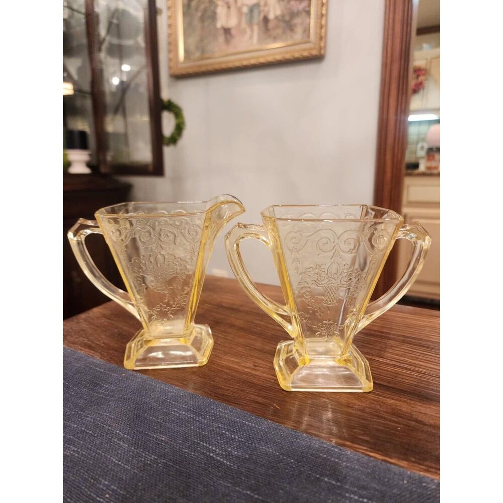 Cream & Sugar, Lorain (Basket) Yellow Depression Glass, Indiana Glass Co